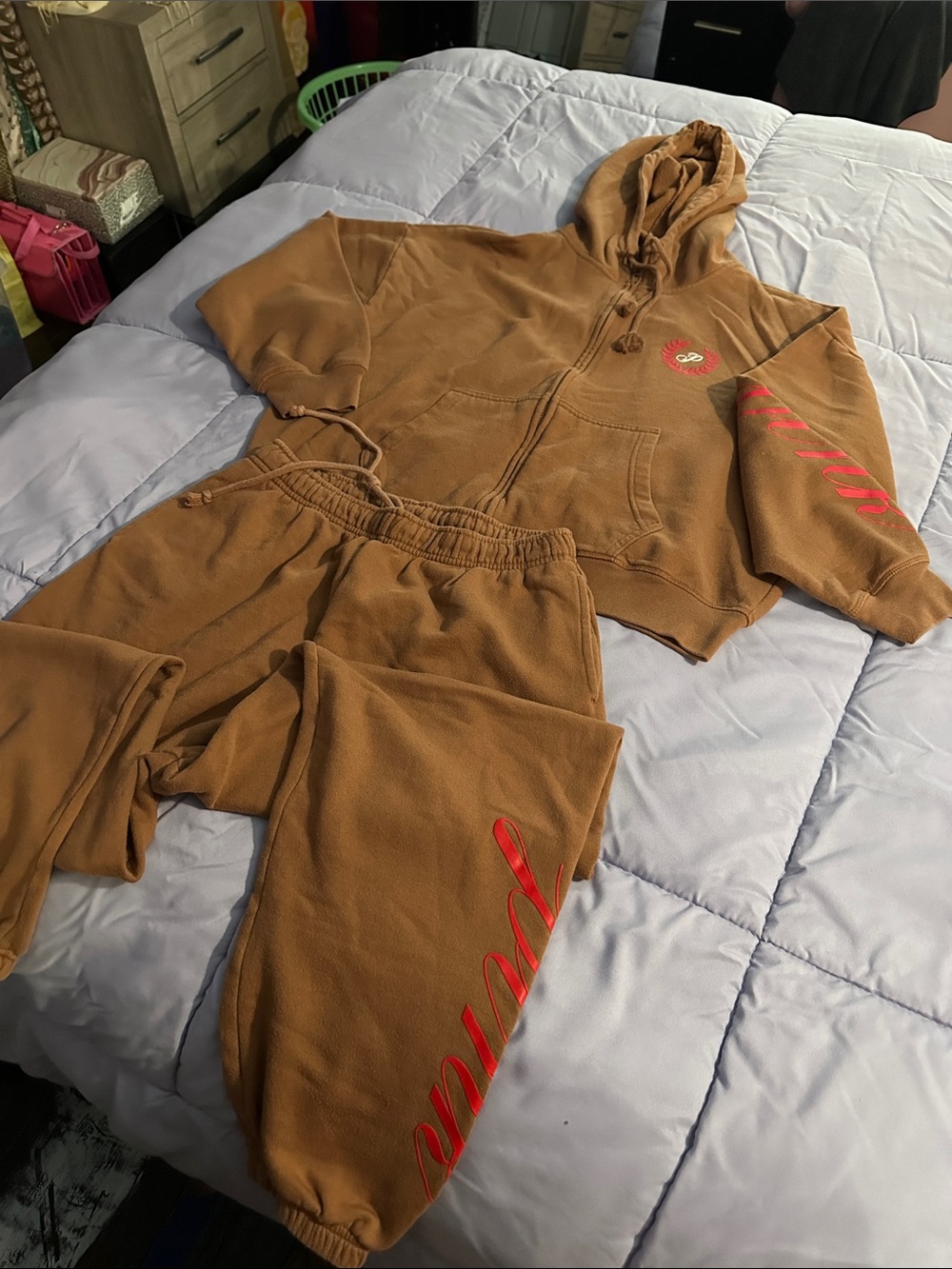 PINK Victoria's Secret Brown Hoodie & Sweatpants Set with Red Script